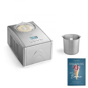 Springlane Eismaschine Emma 1.5 l 150 W Eismaschine mit Kompressor 15 l - Eiscrememaschine 150 Watt aus Edelstahl mit herausnehmbaren Eisbehälter - Eiscremebereiter selbstkühlend Silber inklusive Rezeptheft und zusätzlichen Edelstahlbehälter