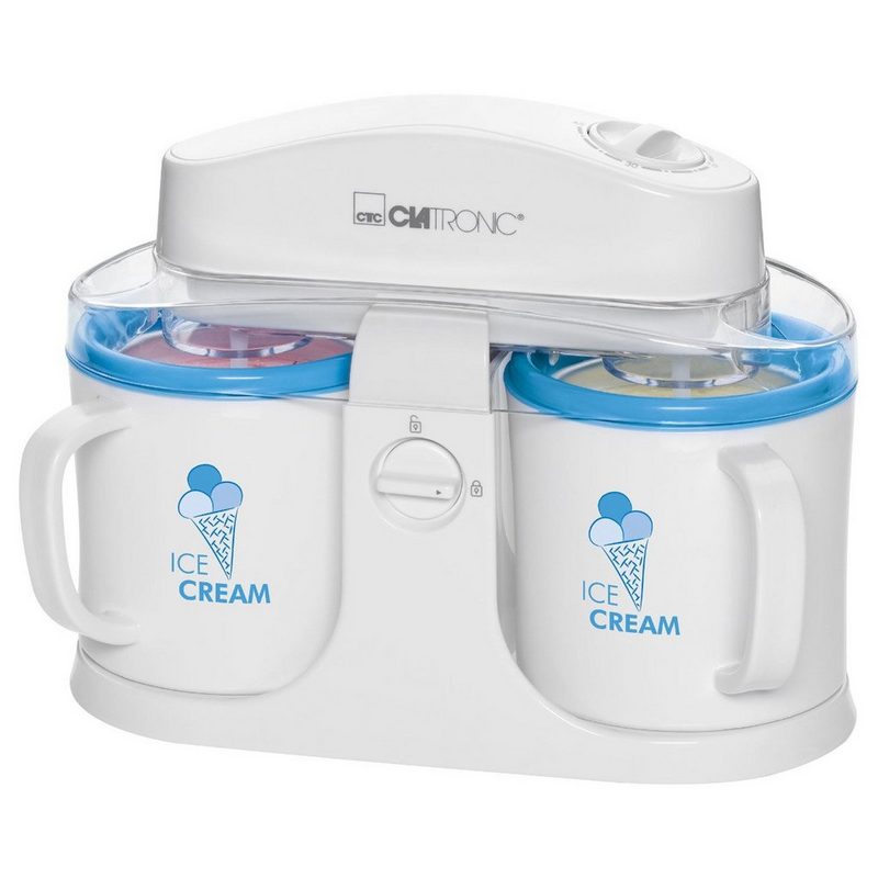CLATRONIC Eismaschine ICM 3650 weiß Eiscremeautomat zur Zubereitung von Sorbet Eiscreme und Frozen Joghurt doppelwandige Speiseeisbehälter mit Kältespeicher transparente Deckel mit Nachfüllöffnung inkl. Rezeptvorschläge