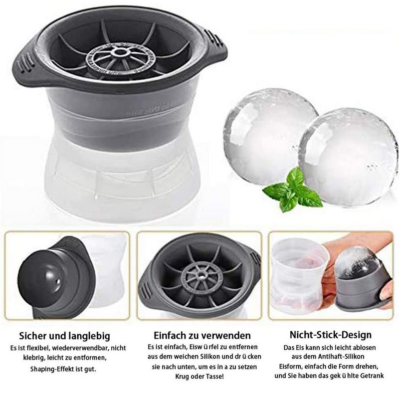 BEARSU Eismaschine 2 Stück Eiskugelform BPA-frei 6 cm Durchmesser Silikon-Eiskugelbereiter mit großen Eiskugeln Eiswürfelform Eiskugelform für Whisky Cocktail Bier – Bild 2