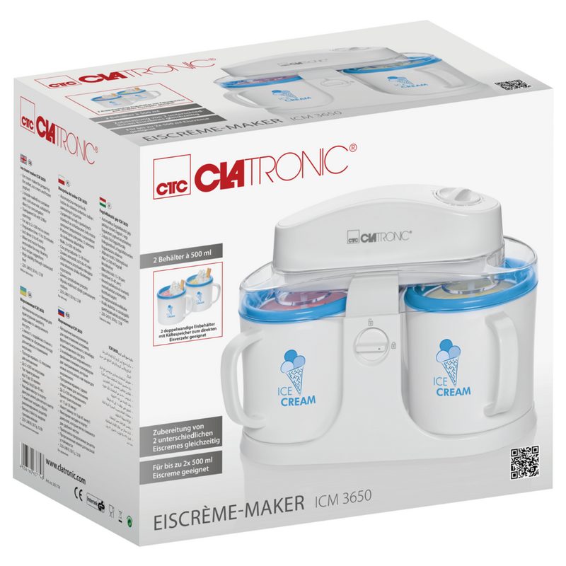 CLATRONIC Eismaschine ICM 3650 weiß Eiscremeautomat zur Zubereitung von Sorbet Eiscreme und Frozen Joghurt doppelwandige Speiseeisbehälter mit Kältespeicher transparente Deckel mit Nachfüllöffnung inkl. Rezeptvorschläge – Bild 5