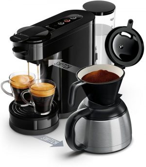 Philips Kaffeepadmaschine Senseo HD 6592/60 Switch 1l Kaffeekanne 2-in-1-Brühtechnologie für Pad- und Filterkaffeemaschine Thermo-Kanne aus Edelstahl Kaffeestärkewahl: klein stark oder mild normal Zubereitung von 1 oder 2 Tassen